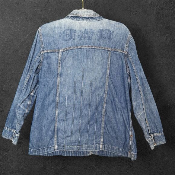 Vintage Denim Chore Jacket Shacket Women LARGE Blue Jean Barn Workwear Destroyed - Picture 2 of 11